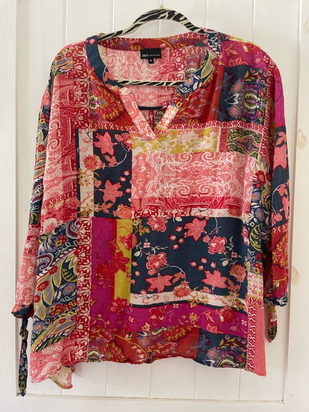 Jones New York Patchwork Floral Split-Neck Tunic in Pink and Navy